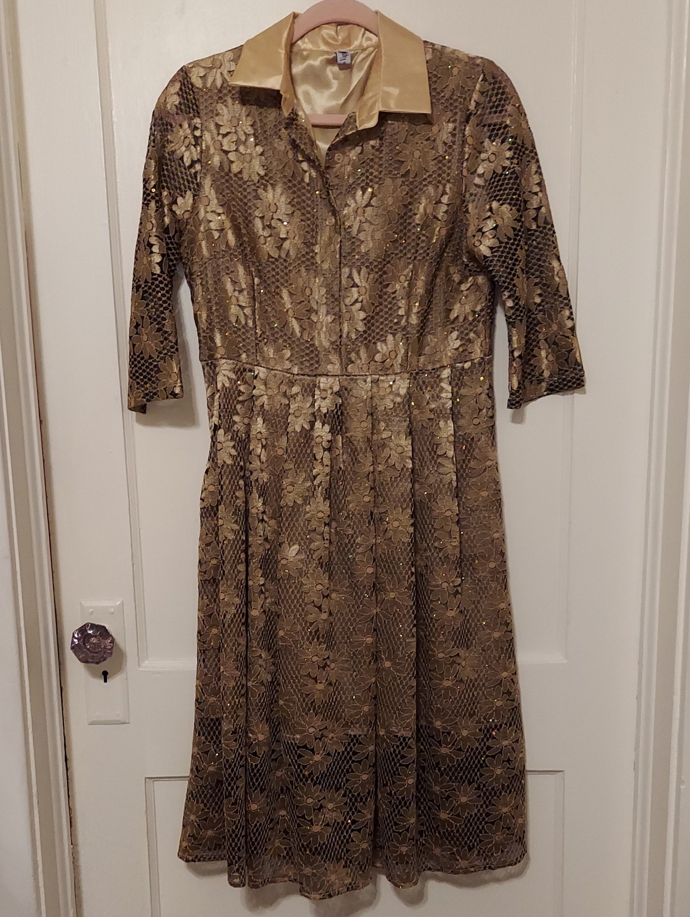 Coeur De Vague Aline Dress Womens 8 Gold Floral Lace Peter Pan Collar